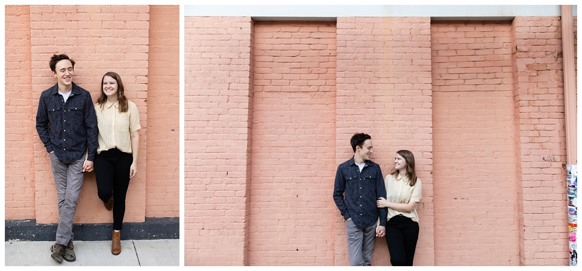 over the rhine engagement photo with colorful wall 