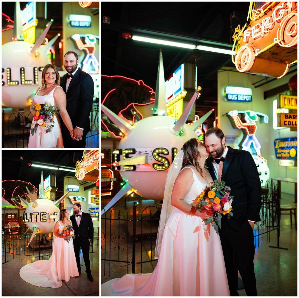 Wedding portraits inside of American Sign Museum 